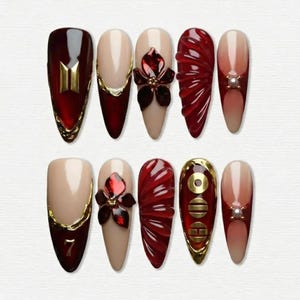 Gold Chrome Luxury Kpop Press On Nails | 3D Jelly Flower Deep Red Fake Nails | Gothic Ruby Velvet Glue On Nails | Custom Long Almond Box