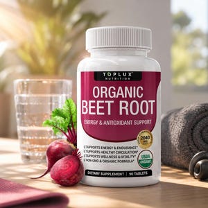 May include: A white bottle of Toplux Nutrition Organic Beet Root dietary supplement with a red and white label. The label includes the text "Organic Beet Root" and "Energy & Antioxidant Support". Two beetroots and a glass of water are in the background.