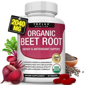May include: A white bottle of Toplux Nutrition Organic Beet Root dietary supplement. The label features the text "Organic Beet Root" and "Energy & Antioxidant Support." A tag reads "2040 MG." The image includes beet roots and tablets.