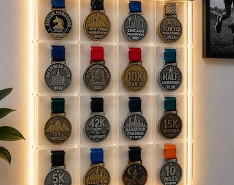 16 Slot Medal Display Case | Wall Mount Marathon Race Organizer (Clear Acrylic)
