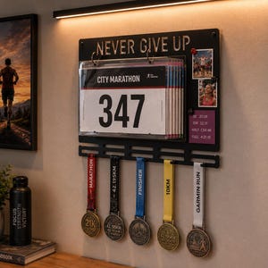 Può includere: Lavagna espositiva in metallo nero con la scritta "NEVER GIVE UP" e un pettorale City Marathon con il numero 347. Sotto ci sono medaglie e nastri. Una foto incorniciata di un corridore è sul muro.