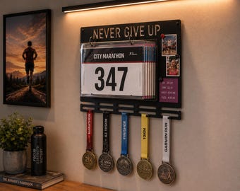 Personalized Marathon Medal Holder | Race Bib Display, Matte Black Steel NEVER GIVE UP Decor