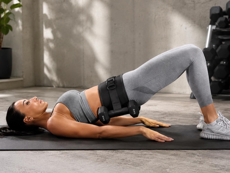 Puede incluir: Una mujer se ejercita con un cintur&oacute;n de pesas negro y mancuernas. Est&aacute; acostada sobre una esterilla negra, usando leggings grises y un sujetador deportivo gris. Las mancuernas est&aacute;n marcadas como 2 kg cada una.