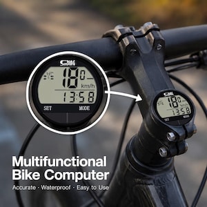 Può includere: Un computer da bicicletta nero che mostra 18 km/h e 13:58 su uno schermo digitale. Il computer è montato sul manubrio di una bicicletta. Il testo sullo schermo recita "SET" e "MODE". L'immagine include anche il testo "Multifunctional Bike Computer".