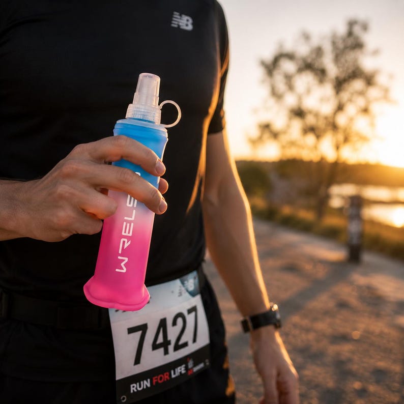 May include: A gradient pink, white, and blue water bottle with the word "WRELS" printed on it. The bottle has a white spout and is being held by a person wearing a black shirt. The person is wearing a race bib with the number 7427.