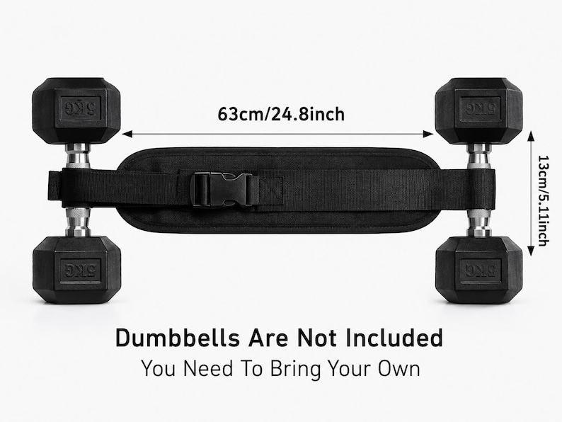 Puede incluir: Cintur&oacute;n negro de halterofilia con hebilla, dise&ntilde;ado para sujetar mancuernas. El cintur&oacute;n mide 63 cm de largo y 13 cm de ancho. La imagen muestra el cintur&oacute;n con dos mancuernas adjuntas. El texto dice "Las mancuernas no est&aacute;n incluidas".