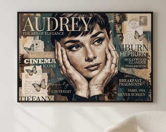 Audrey Hepburn Portrait Collage Art | Hollywood Glamour Butterflies Sepia Teal Print