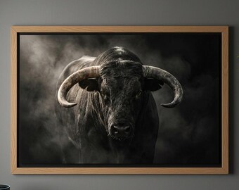 Black Bull Portrait Wall Art | Dark Realism Animal Print, Smoky Amber Eye Decor