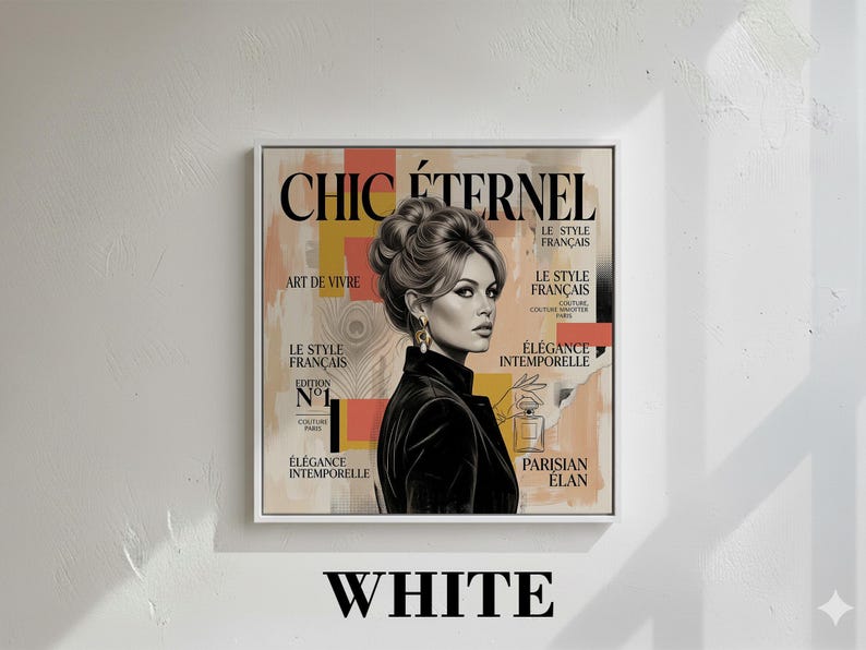 French Starlet Art Print | Vintage Magazine Cover, Coral Hues, Parisian Chic Wall Decor Canvas Frame - White