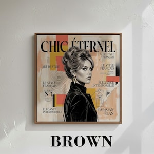 French Starlet Art Print | Vintage Magazine Cover, Coral Hues, Parisian Chic Wall Decor Canvas Frame - Brown