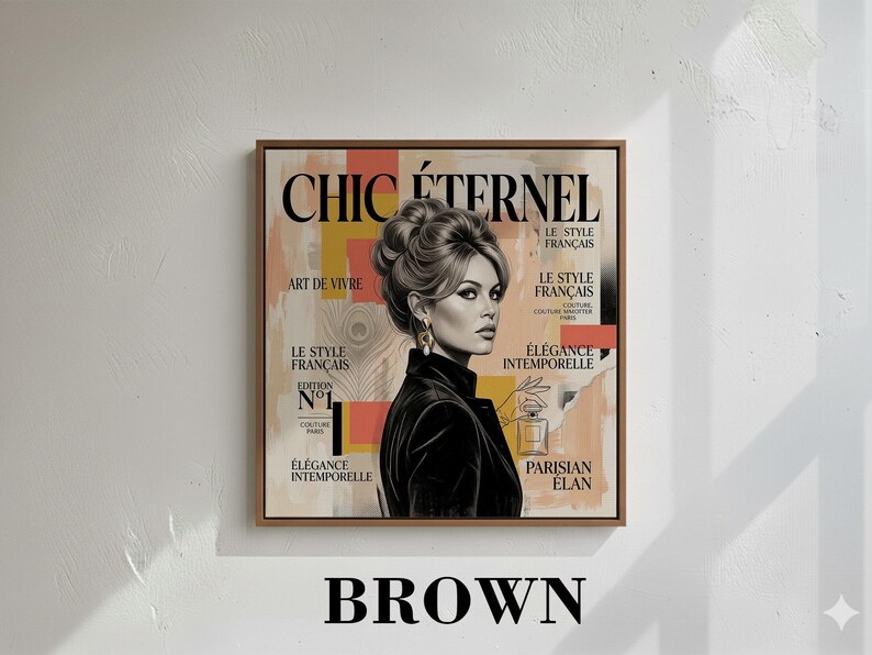 French Starlet Art Print | Vintage Magazine Cover, Coral Hues, Parisian Chic Wall Decor Canvas Frame - Brown