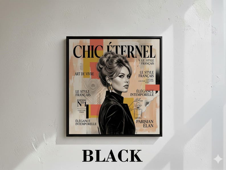 French Starlet Art Print | Vintage Magazine Cover, Coral Hues, Parisian Chic Wall Decor Canvas Frame - Black