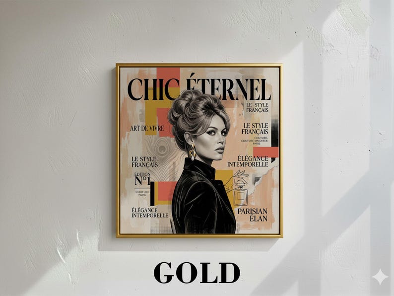 French Starlet Art Print | Vintage Magazine Cover, Coral Hues, Parisian Chic Wall Decor Canvas Frame - Gold
