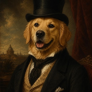 May include: A portrait of a Golden Retriever dog wearing a black top hat, black coat, and a patterned vest. The dog is smiling with its tongue out. The background shows a cityscape and a red curtain.