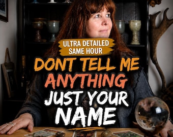 May include: A woman with red hair looks to the side, with text that reads "DON'T TELL ME ANYTHING JUST YOUR NAME." A crystal ball sits on a wooden table with tarot cards and stones. The text "ULTRA DETAILED SAME HOUR" is also present.