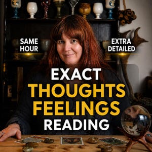 May include: A woman with red hair smiles, with text that reads "Exact Thoughts Feelings Reading." A crystal ball sits on a wooden table with tarot cards and stones. The background includes shelves with various decorative items.