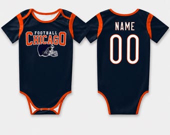 Personalized Chicago Baby Football Bodysuit , Custom Name & Number Jersey Outfit, Game Day Baby Shower Gift for Sports Fans