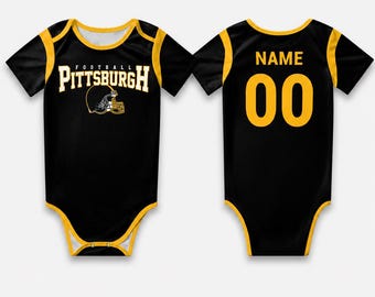 Spersonalizowany dziecięcy kombinezon piłkarski Pittsburgh, spersonalizowany strój na koszulkę z imieniem i numerem, prezent na baby shower dla fanów sportu w dniu meczu