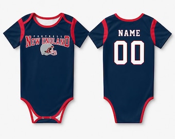 Spersonalizowany dziecięcy kombinezon piłkarski New England, spersonalizowany strój z imieniem i numerem na koszulce, prezent na baby shower w dniu meczu dla fanów sportu