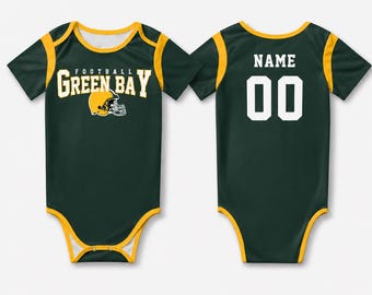 Spersonalizowany dziecięcy kombinezon piłkarski Green Bay, spersonalizowany strój na koszulkę z imieniem i numerem, prezent na baby shower w dniu meczu dla fanów sportu