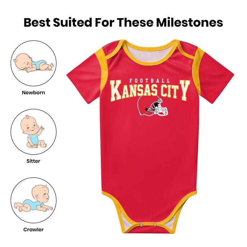 May include: A red short-sleeve baby bodysuit with yellow trim, featuring the text "KANSAS CITY FOOTBALL" and a white football helmet graphic. To the left, three circular icons show a newborn, a sitter, and a crawler with the text "Best Suited For These Milestones".