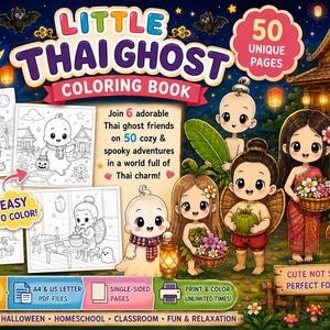 Kawaii spökmålarbok, Chibi Anime-målarbilder, kusliga söta målarbilder i PDF-format för barn, söt konst med thailändska mytiska varelser