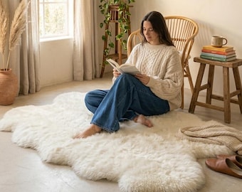 Alfombra grande de piel de oveja de 120 x 180 cm / Alfombra de lana auténtica y mullida color blanco marfil natural / Alfombra suave para dormitorio / Decoración bohemia para habitación infantil / Regalo acogedor para el hogar