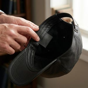 A black leather baseball cap shown from the interior perspective, featuring a smooth leather brim, a structured crown with visible stitching, and an adjustable metal buckle strap closure at the back for a secure and customisable fit.