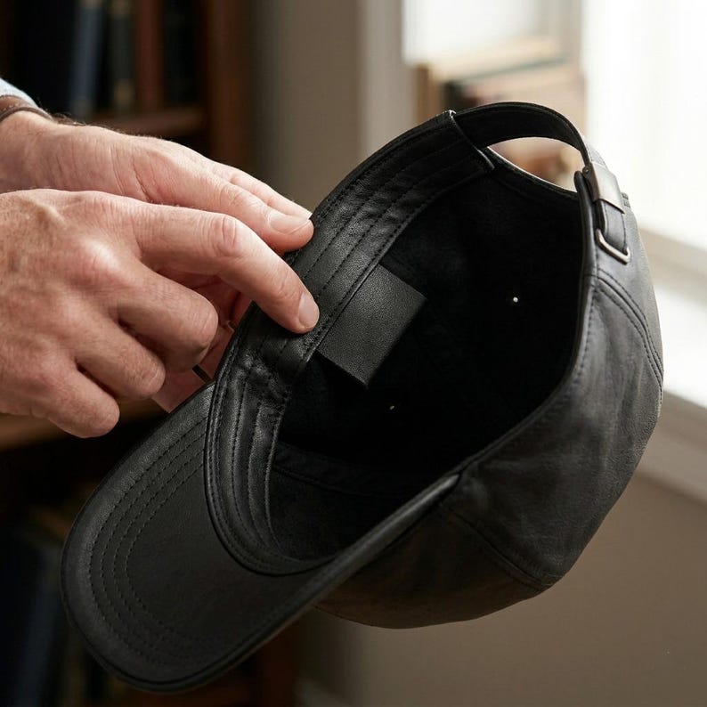 A black leather baseball cap shown from the interior perspective, featuring a smooth leather brim, a structured crown with visible stitching, and an adjustable metal buckle strap closure at the back for a secure and customisable fit.