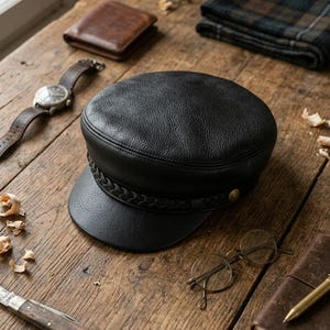 A black leather fisherman cap featuring a textured surface, a short brim, and a decorative braided leather band across the front. The cap is accented with a small metallic button on the side, showcasing a classic structured silhouette.