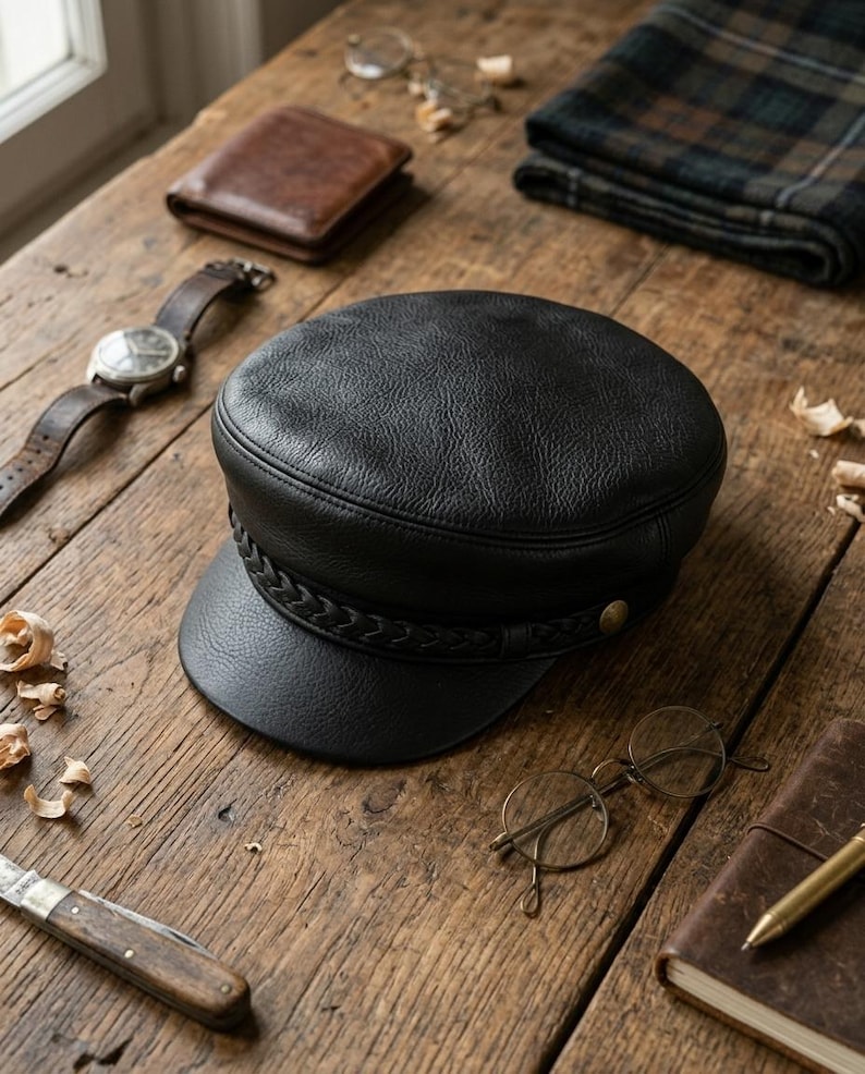 A black leather fisherman cap featuring a textured surface, a short brim, and a decorative braided leather band across the front. The cap is accented with a small metallic button on the side, showcasing a classic structured silhouette.