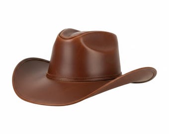 Peut inclure: Un chapeau de cowboy marron foncé lisse avec une calotte structurée et un large bord incurvé. Le chapeau présente une finition propre et polie avec un détail de bande cousue entourant la base de la calotte, créant une silhouette classique.