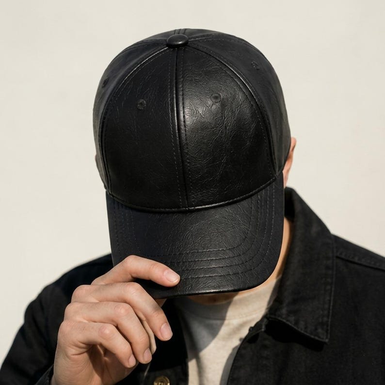 A black baseball cap with a textured, leather-like finish. The cap features a six-panel construction with a central button on the crown, stitched eyelets for ventilation, and a curved brim with horizontal stitching details throughout.