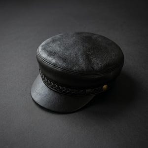 A black leather cap with a textured surface, featuring a braided leather band across the front and a small metallic button detail on the side. The cap has a rounded crown and a short, stiff brim, showcasing a consistent dark finish.