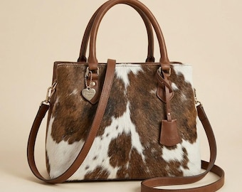 Peut inclure: Un sac à main avec un motif de peau de vache marron et blanc, doté de poignées en cuir marron lisse et d'une bandoulière réglable. Une breloque argentée en forme de cœur pend à une poignée et une petite étiquette en cuir à l'autre.