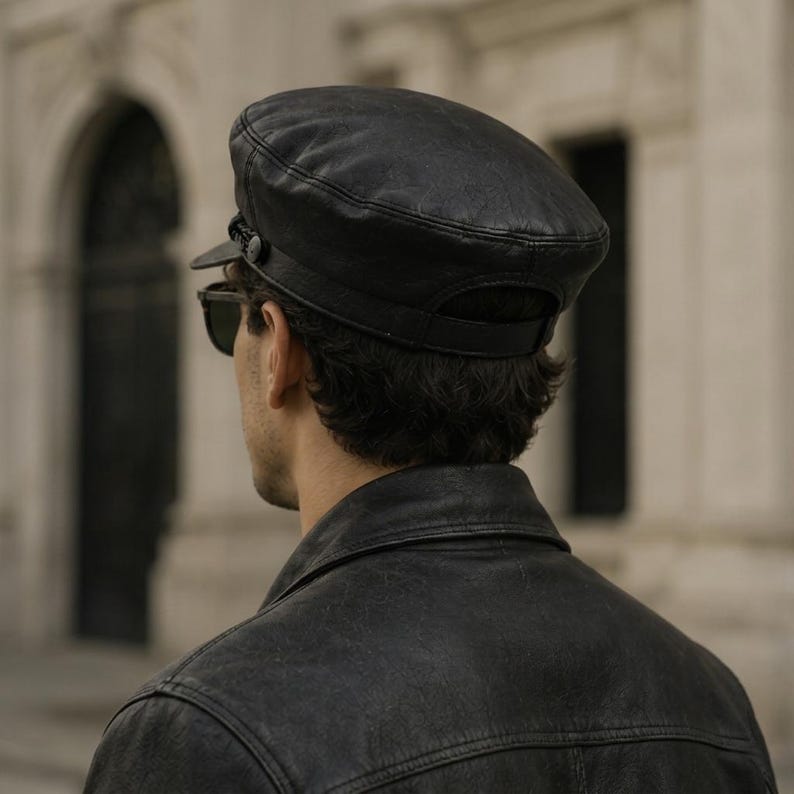A black leather baker boy cap featuring a structured crown, a short stiff brim, and a decorative black cord detail secured by small buttons on each side. The cap is crafted from smooth black leather with visible stitching.