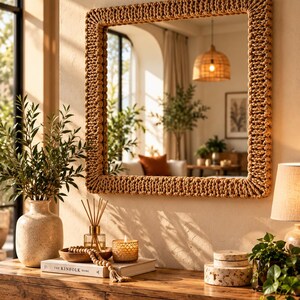 May include: A square wall mirror featuring a thick, textured frame made of woven natural tan rope. The mirror has a reflective glass surface that displays a room interior, including a hanging light fixture and a framed picture.