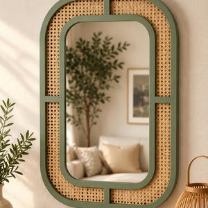 May include: An oval wall mirror featuring a sage green frame with a natural woven cane rattan border surrounding the central glass pane. The mirror has a vertical orientation and a smooth, matte finish on the wooden frame structure.