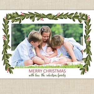 Photo Christmas Card, Holiday card, boxwood garland. Preppy Christmas Card