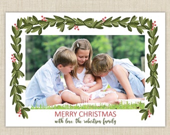 Photo Christmas Card, Holiday card, boxwood garland. Preppy Christmas Card