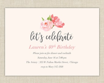 Adult birthday invitations. Watercolor Flower Invitation