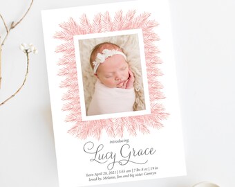 birth announcement card. Feather Birth Announcement. Printed or digital