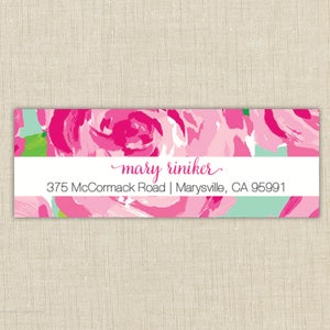 May include: A pink and green floral return address label with the text "mary riniker" and the address "375 McCormack Road | Marysville, CA 95991".
