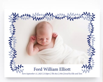 birth announcement card. blue vine birth announcement. Boy birth announcement printed or digital