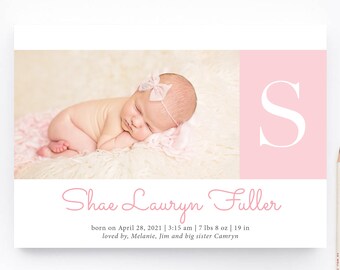 birth announcement card. Monogram Birth Announcement. Printed or digital