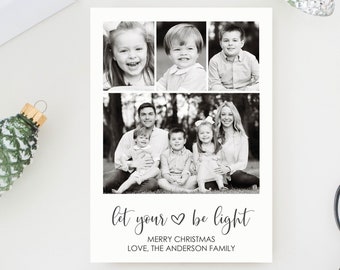 Puede incluir: Tarjeta de Navidad en blanco y negro con un collage de fotos familiares. El texto dice "Deja que tu corazón brille. Feliz Navidad. Con amor, La familia Anderson."