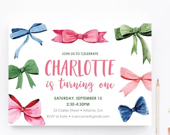Bow birthday invitation, bridal shower, baby shower.  Digital or Printed Invitations