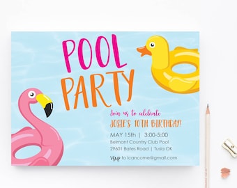 Pool Party Invitation. Pool Floats.  Digital or Printed Invitations