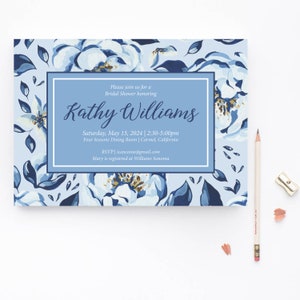 Blue Floral Bridal Shower Invitation Printable digital file or printed invitations image 5