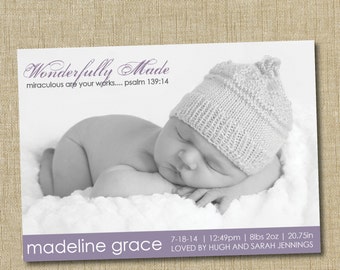 christian birth announcement. custom photo card. photo baby announcement. Wonderfully Made